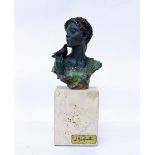 L.M. LAFUENTE (20th Century) 'Bust of a Girl holding a bird', bronze resin on a stone base, numbered