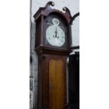 A 19TH CENTURY OAK AND MAHOGANY CASED LONGCASE CLOCK with eight day movement, painted enamel dial, a