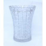 A LARGE FLARING CYLINDRICAL BOHEMIAN CUT GLASS FLOWER VASE with hobstar cut decoration, 23.5cm