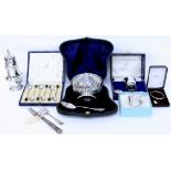 SILVER ITEMS TO INCLUDE a sugar bowl and spoon in a fitted case, a christening egg cup and spoon