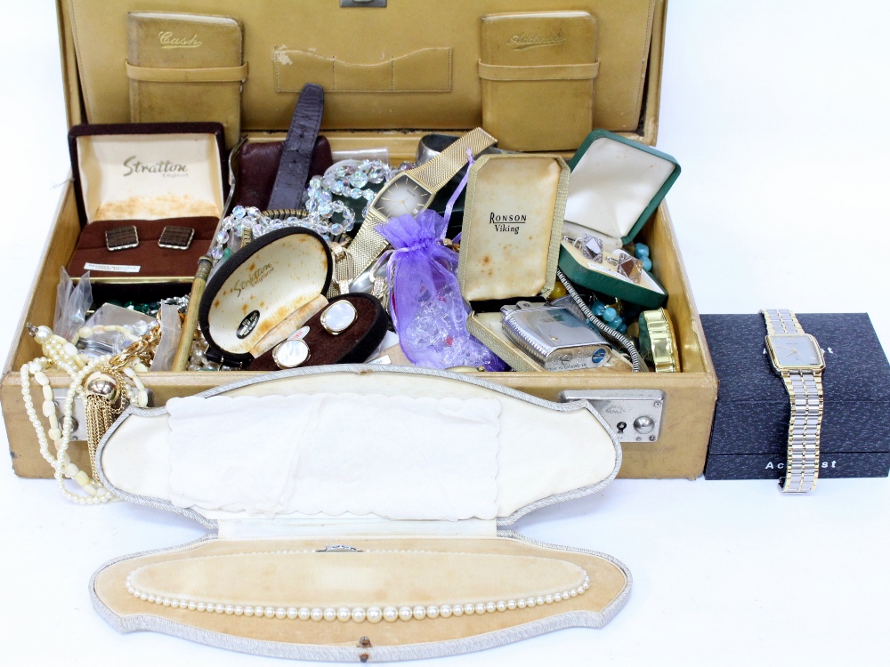 A QUANTITY OF COSTUME JEWELLERY watches etc, and a leather attaché case