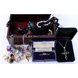 A BOX OF COSTUME JEWELLERY to include a 9ct gold vintage ladies wrist watch, a silver fob chain,