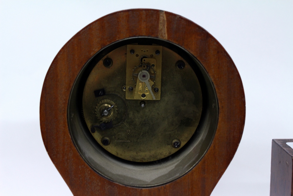 A SATINWOOD CASED BALLOON SHAPED MANTLE CLOCK or timepiece, the dial with Roman numerals and - Image 2 of 3