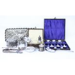 A BOX WITH VARIOUS OBJECTS OF SILVER to include toast rack, repousse decorated oblong dish,