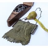 A MESH LINK PURSE with champleve enamel decoration, a pear novelty tape measure and a set of four