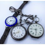 THREE LADIES SILVER POCKET WATCHES to include a Swiss example on an unmarked white metal fob