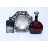 A VICTORIAN RUBY RED GLASS AND SILVER TOPPED BOTTLE OR DECANTER (large chip to the glass), a