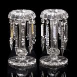 A PAIR OF 19TH CENTURY CUT GLASS LUSTERS with faceted cut decoration on shaped base, 29cm high (2)