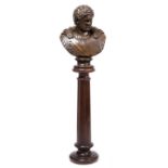 A CONTEMPORARY BRONZED CERAMIC BUST of Emperor Caracalla on socle base 67cm high with a matching