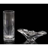 A BACCARAT CRYSTAL CYLINDRICAL VASE with cut decoration and etched circular mark to the base 20cm