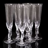 SIX CARL FABERGE CHAMPAGNE GLASSES with frosted stems depicting two birds with a mark to base, all
