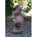 AN OLD ART NOUVEAU STYLE TERRACOTTA BUST of a girl wearing a beret, mounted on a square plinth