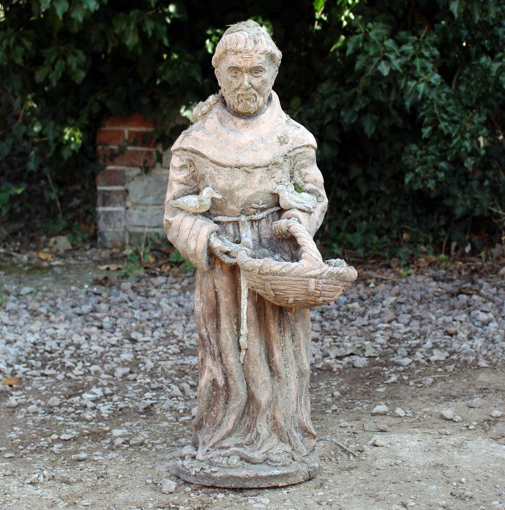 A LATE 20TH CENTURY COMPOSITE STONE STATUE of a bearded man with birds 74cm in height