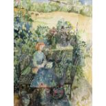 A LATE 20TH CENTURY ENGLISH SCHOOL WATERCOLOUR of a seated lady in a rural garden, signed