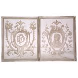 A PAIR OF OLD FRENCH ETCHED GLASS PANELS one with initials, the other with the head of a lady,