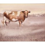 ANN BLOCKLEY 'Cow in meadow', watercolour on paper, signed lower right, 14cm x 17cm (ARR)