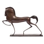 A BRONZE ART DECO STYLE SCULPTURE of a prancing horse, 102cm long x 69cm high