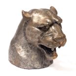 AN IRON SCULPTURE in the form of the head of a panther, 28.5cm wide x 42cm high