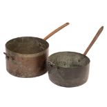 TWO LARGE COPPER SAUCEPANS with iron handles, the largest 37cm diameter x 21.5cm high (2)