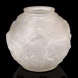 A LATE 19TH / EARLY 20TH CENTURY LALIQUE STYLE BULBOUS VASE decorated with a stable of galloping