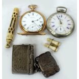 A WALTHAM GOLD PLATED POCKET WATCH a silver vesta case, a chrome plated pocket watch, a further