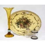 A POLYCHROME ENAMEL PAINTED GALLERIED TRAY a Regency style etched glass jar and cover, a late 19th /