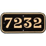 A GWR CAST LOCOMOTIVE NUMBER CABSIDE PLATE '7232' with black, cream and green painted decoration,