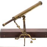 A VICTORIAN BRASS TELESCOPE on a tripod stand by Troughton & Simms London with cap, additional