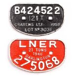 A MID 20TH CENTURY LNER CAST METAL WAGON PLATE 'LNER 275068 Darlington', with white and red