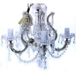 A NEAR PAIR OF PRESSED GLASS CHANDELIERS with plastic faceted droppers, 39cm overall (2)