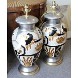 A PAIR OF 21ST CENTURY TABLE LAMPS of baluster form with silver and gold abstract decoration, each