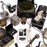 AN OLD STEREOSCOPIC MICROSCOPE a group of various microphones, a wind up gramophone in a case, an