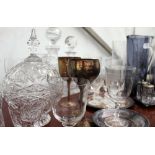 A LARGE COLLECTION OF CUT AND PRESSED GLASSWARE to include decanters, vases, drinking glasses etc (a