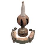 A GREEN PAINTED WROUGHT IRON HINGED COLLAR and a cast metal railway signal post finial with