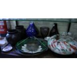 MISCELLANEOUS CHINA AND GLASS to include two tribal art pottery vases, Murano style heavy glass vase