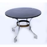 A LATE 20TH / EARLY 21ST CENTURY CIRCULAR OCCASIONAL TABLE with black leather top and the steel