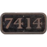 A GWR CAST LOCOMOTIVE CABSIDE NUMBER PLATE '7414' This plate is from one of 50 0-6-0 GWR 7400 class