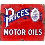 AN EARLY TO MID 20TH CENTURY TIN AND ENAMEL PAINTED ADVERTISING SIGN 'PRICES MOTOR OILS' on red