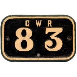 A GWR CAST LOCOMOTIVE CABSIDE PLATE 'GWR 83' with black, cream and green painted decoration, 48cm