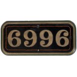 A GWR CAST BRASS LOCOMOTIVE CABSIDE NUMBER PLATE '6996' from 4-6-0 Locomotive Blackwell Hall,