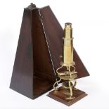 A 19TH CENTURY BRASS CULPEPPER TYPE MONOCULAR MICROSCOPE signed 'G. Lyons, Bristol', on mahogany