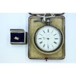 A SILVER CASED CHRONOGRAPH POCKET WATCH with white enamel dial and black arabic numerals, serial