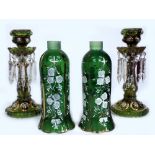 A PAIR OF MOULDED GREEN GLASS TABLE LUSTRES with glass drops and painted floral decoration, each