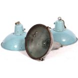 A PAIR OF DUCK EGG BLUE ENAMEL PAINTED INDUSTRIAL HANGING LIGHTS each 47cm diameter x 48cm high