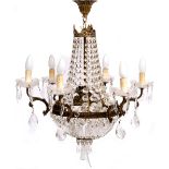 A 1930'S STYLE SIX BRANCH CHANDELIER with pressed glass droppers and gilt metal mounts 40cm