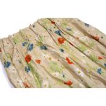 THREE PAIRS OF CREAM GROUND CURTAINS decorated with field flowers, poppies, cornflowers etc, the