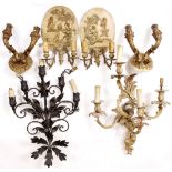 AN ANTIQUE FOUR BRANCH WALL LIGHT of scrolling acanthus leaf form, 45cm wide; a pair of painted gilt