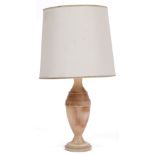 A TURNED ALABASTER TABLE LAMP of baluster form, the lamp base 41cm high