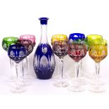 A SET OF TWELVE WATFORD CUT GLASS HOCK WINE GLASSES with brightly coloured bowls 20.5cm high