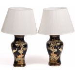 PAIR OF BLACK LACQUERED CHINOISERIE DECORATED PAPIER MACHE TABLE LAMPS of baluster form, each with